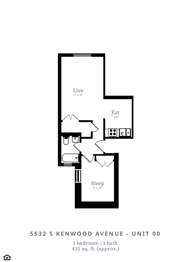 Floor plan for 1 bed, 1 bath, 435 sqft